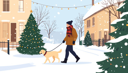 Person in a warm coat and plaid scarf walking a yellow dog on a snowy, festive winter day.
