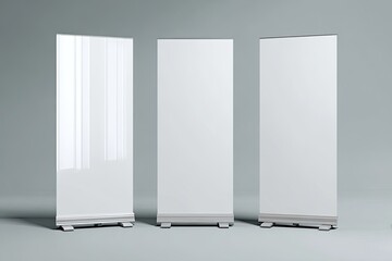Three blank roll-up banners against a neutral backdrop