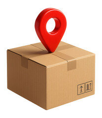 Cardboard shipping box with a large red location pin symbol on transparent background.