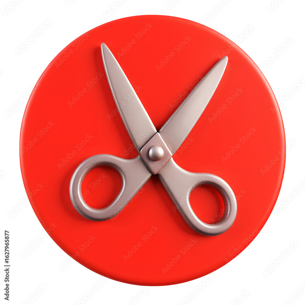 Poster a pair of metal scissors with silver blades and handles on a red circular background on transparent 