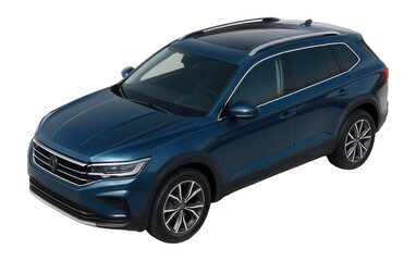 Sleek blue SUV car with stylish alloy wheels and tinted windows shown from a high angle on transparent background.