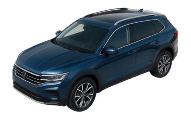 Sleek blue SUV car with stylish alloy wheels and tinted windows shown from a high angle on transparent background.