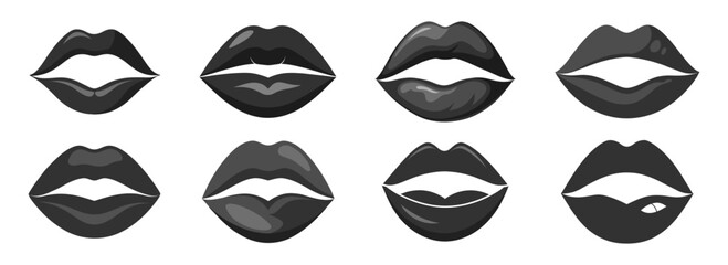 Glossy lips icon set with cartoon expressions on transparent background