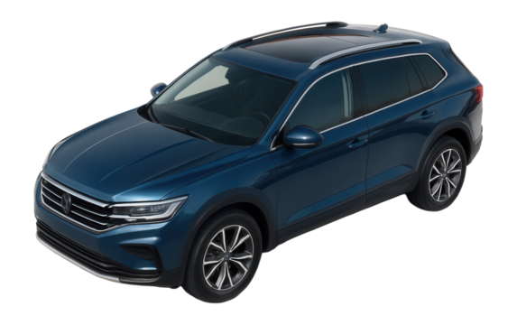 Sleek blue SUV car with stylish alloy wheels and tinted windows shown from a high angle on transparent background.