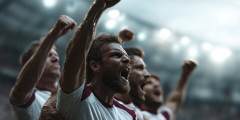 Soccer team rejoicing in a victory within a brightly lit stadium