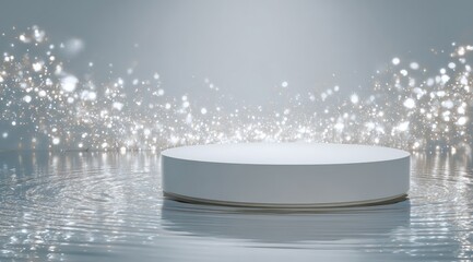 Sleek white pedestal on a reflective surface, surrounded by shimmering particles