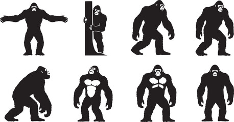 Collection of Sasquatch, Bigfoot, and Yeti silhouette vectors in walking, standing, and running poses. Perfect for cryptid art, myth designs, adventure themes, and outdoor branding.