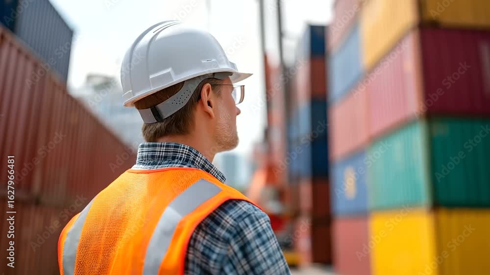 Poster a port inspector oversees a vibrant array of shipping containers.