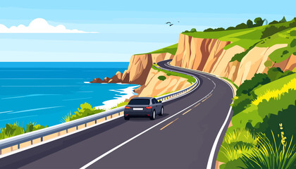 A car on a scenic road trip, driving along a winding coastal highway with dramatic cliffs and a bright blue ocean.