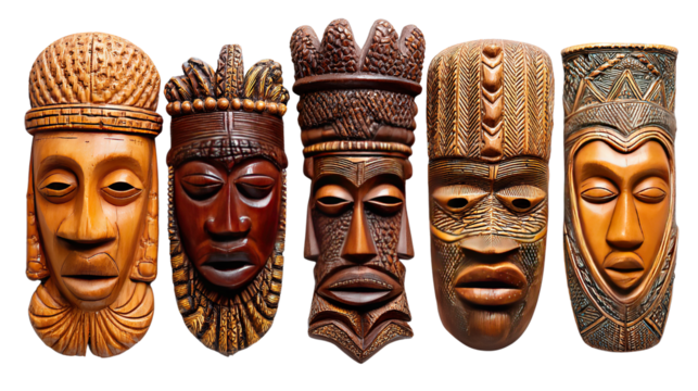 Artistic Essence of Cultural Masks: A captivating showcase of intricately carved wooden masks, each a testament to rich cultural heritage and artistic mastery.