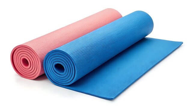 Pink blue rolled exercise mats on white yoga fitness