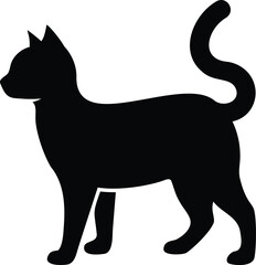 A simple black cat silhouette, standing profile view, with a curled tail