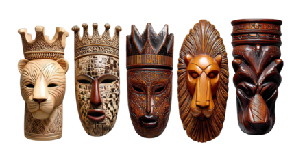 Artistic Carvings: A captivating array of intricately carved wooden masks, each bearing a unique design. these artifacts showcase diverse cultural expressions, traditions, and artistic creativity.