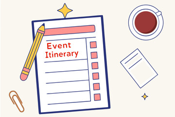 Illustration of an event itinerary on a clipboard with a pencil, coffee cup, and paper note around it