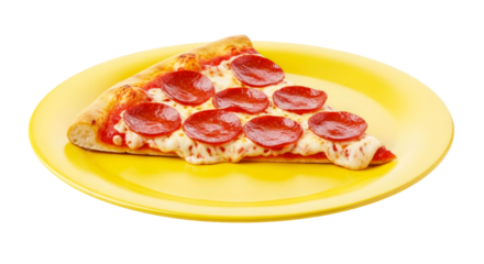 delicious pepperoni pizza slice on yellow plate food photography