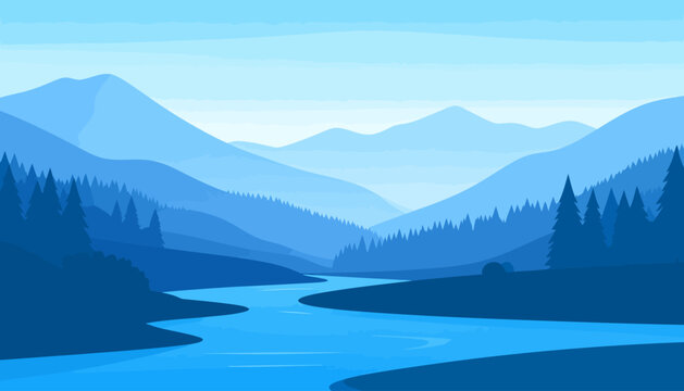 Serene blue monochromatic landscape with a winding river, pine forests, and layered mountain ranges in a flat vector style.