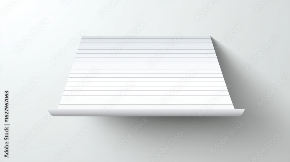 Fototapete a single sheet of lined paper appearing to float 3d rendering, close up white empty sheet paper mock