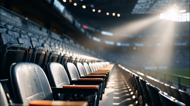 Raindrops dramatic on empty stadium seats, reflecting light with glistening intensity, competition upcoming anticipating athletic video 4k