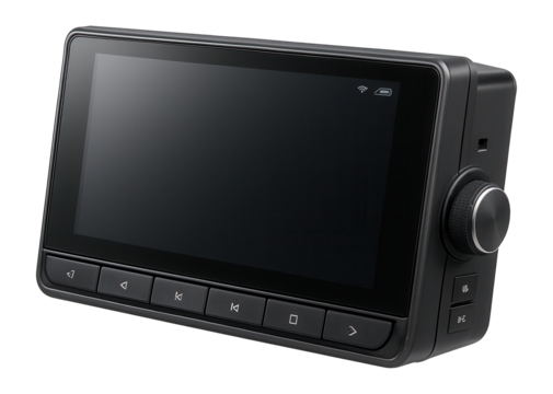 Modern touchscreen car stereo system with control buttons and volume knob on transparent background.