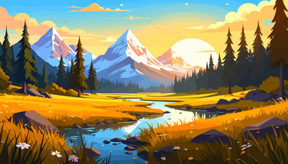 Vibrant cartoon landscape of a mountain valley with a golden meadow and winding river at sunset.