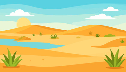 Flat vector illustration of a desert landscape with golden dunes, a water oasis, and a sunny sky.