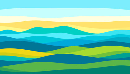 Obraz premium Layered abstract landscape with vibrant green, blue, and yellow rolling hills.