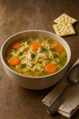 Steaming bowl of chicken noodle soup with carrots and fresh herbs on farmhouse table spoon crackers cloth napkin soft overhead light

