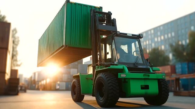 A reach stacker hoists an emerald container against a dusty, industrial backdrop.