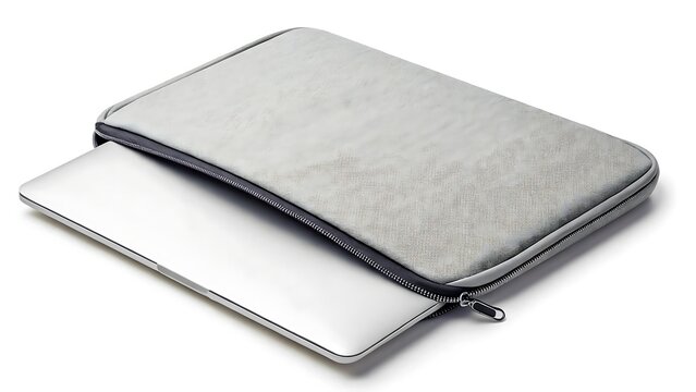 Silver laptop inside grey fabric sleeve with zipper image