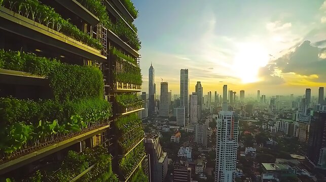 Urban skyscraper with vertical gardens at sunset. Cityscape view
