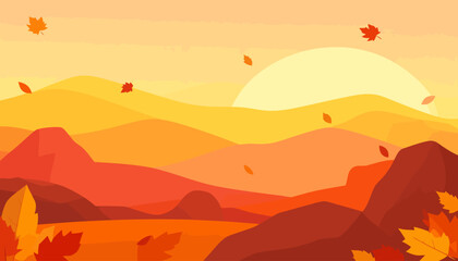 Vibrant Autumn Landscape with Layered Orange Hills, Setting Sun, and Falling Maple Leaves