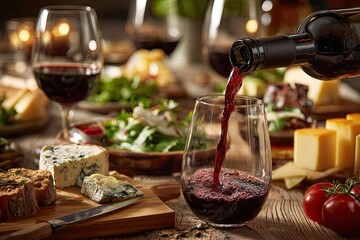 Red wine being poured into a glass at a gourmet meal. A variety of cheeses, salads, and appetizers are on the rustic wooden table. Candles and wine glasses are also present