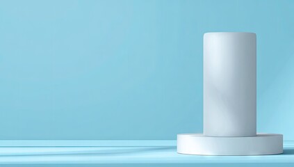 Empty cylinder display podium against a light blue backdrop.