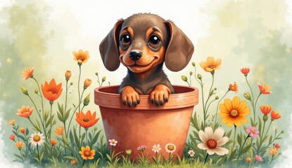 A playful puppy with large, expressive eyes sits inside a bright terracotta pot, surrounded by colorful flowers swaying gently in the breeze. The cheerful atmosphere radiates joy