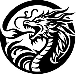 Fototapeta premium Minimalist black and white dragon icon with clean lines. Geometric and bold, perfect for logos, stickers, or digital applications.