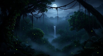 Enchanted night jungle with a mystical atmosphere and fireflies illuminating the landscape