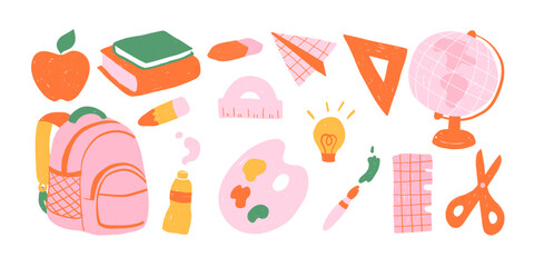 Naive hand-drawn school elements. Doodles drawn in colored pencils