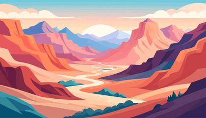 Vibrant layered canyon landscape illustration with a winding river at sunrise.