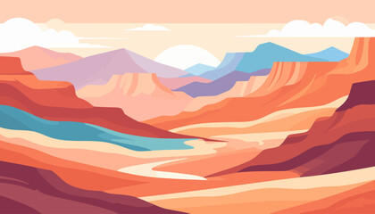 Colorful layered canyon landscape with a winding river and distant mountains in a flat vector style.