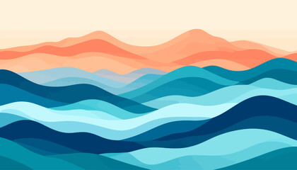 Stylized abstract landscape of layered blue ocean waves and distant orange mountains at sunset.