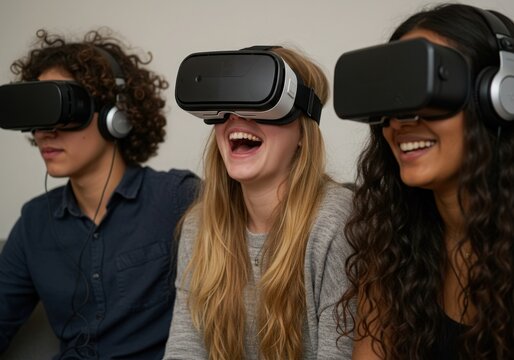 Diverse friends laughing and experiencing virtual reality together
