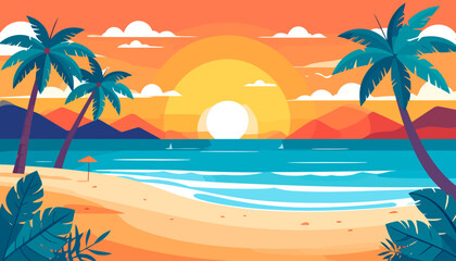 Obraz premium Vibrant flat vector illustration of a tropical beach sunset with palm trees and mountains.