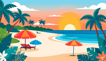 Colorful flat vector illustration of a tropical beach with palm trees and umbrellas during a beautiful sunset.