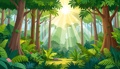 Vibrant cartoon jungle landscape with bright sunbeams filtering through the lush green canopy and dense foliage.