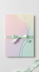 Pastel paper layers in soft curves accented with a pastel green satin bow. Wedding invitation card mockup with copyspace
