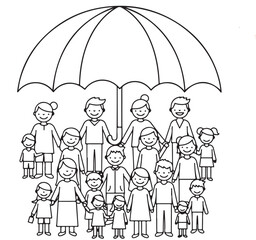 A large community of families and children standing together under a giant umbrella symbolizing protection, safety, and security.