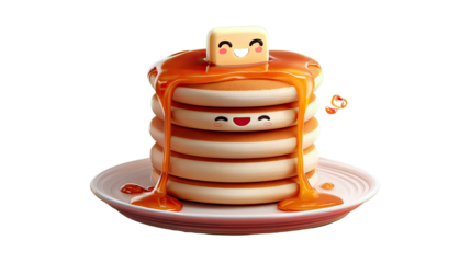 Stack of Pancakes with Syrup Drizzling: A delightful stack of fluffy pancakes, playfully decorated with smiling faces and generous syrup. A happy cube of butter on top, creating a whimsical.