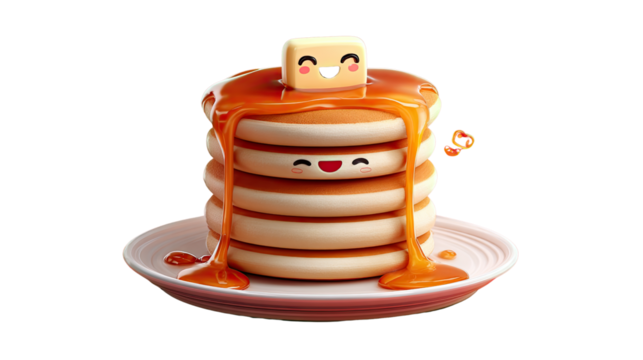 Stack of Pancakes with Syrup Drizzling: A delightful stack of fluffy pancakes, playfully decorated with smiling faces and generous syrup. A happy cube of butter on top, creating a whimsical.
