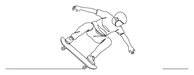 one continuous line drawing of a young man playing skateboard trick