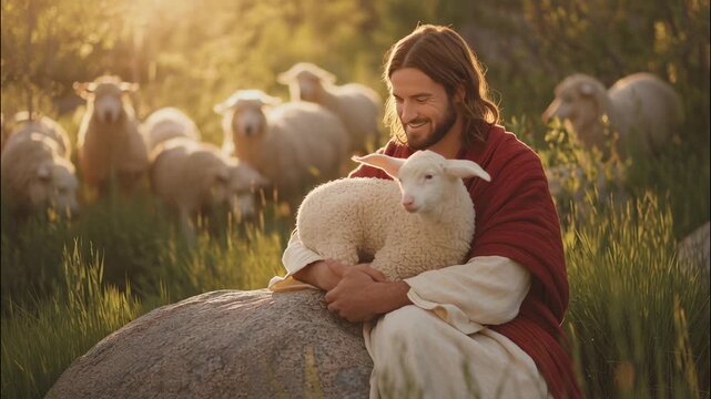 the symbolizing good shepherd, lovingly holds a lamb, Jesus, his care and compassion for his flock video 4k